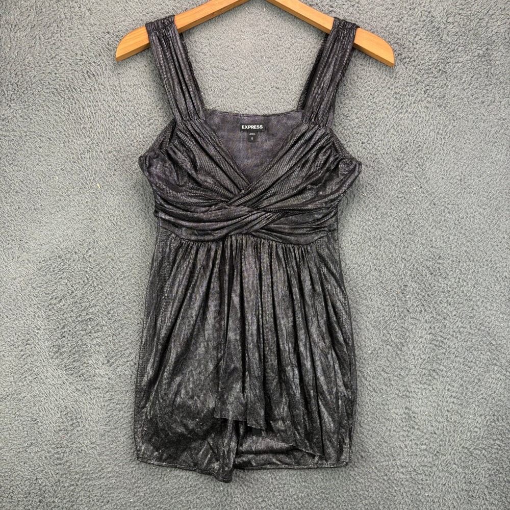 Express Womens Small Metallic Silver Black Ruched Empire Waist Sleeveless‎ Top